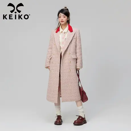 KEIKO 嵌丝格子粗花呢大衣女绗缝夹棉2023秋冬高级感毛呢外套加厚商品大图