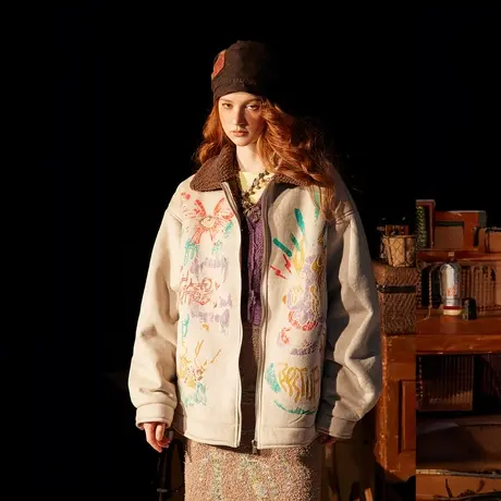 街头潮牌涂鸦风棉服女冬季加厚羊羔毛外套2023年新款复古宽松棉衣商品大图