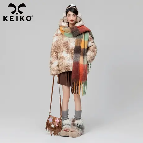 KEIKO 羊羔毛绒短外套女夹棉加厚2023秋冬扎染废土风连帽棉服棉袄商品大图