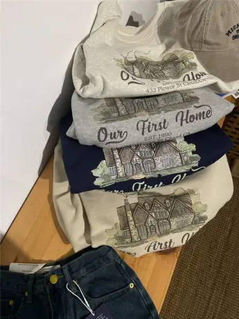 别墅小屋～韩范圆领宽松懒惰印花字母卫衣女2023秋款毛圈料上衣图片