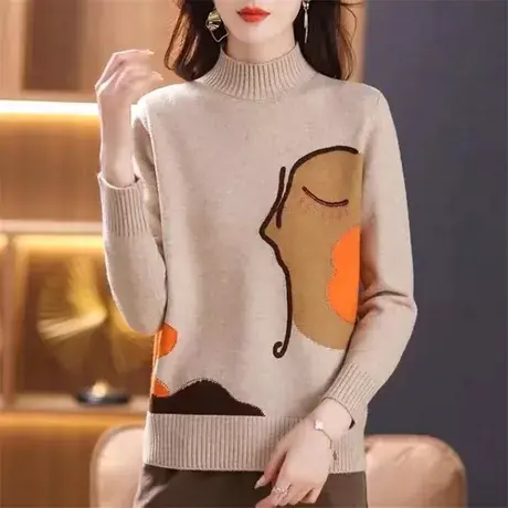 卡通减龄复古风半高领打底毛衣女2023秋冬新款针织衫时尚保暖上衣图片