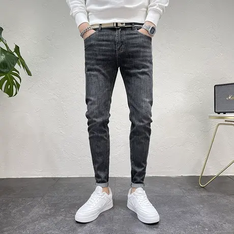 秋季新款男士潮流高端牛仔裤复古做旧猫须磨毛修身小脚铅笔男裤子商品大图