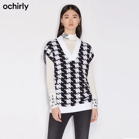黑标系列欧时力新款春装v领千鸟格中长法式针织背心女1NH303630F商品大图