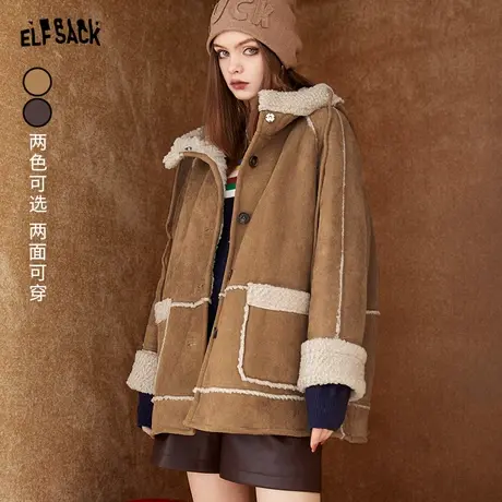 妖精的口袋正反两面穿加厚棉服女2023冬季新款仿羊羔绒麂皮绒外套图片