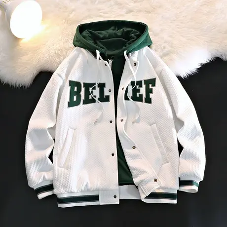 秋冬季宽松假两件棒球服夹克男新款连帽开衫单排扣休闲外套潮ins图片