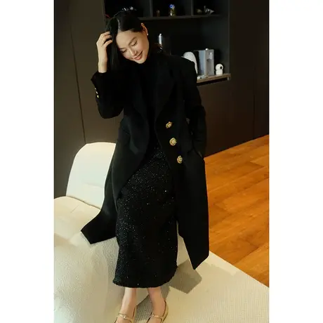 23秋冬新款复古赫本风收腰显瘦重工纽扣女士羊毛呢子大衣外套女商品大图