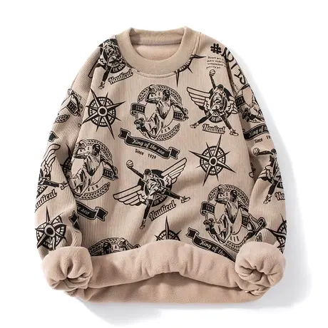 印花加绒加厚卫衣男痞帅秋冬季重磅宽松上衣外套时尚潮流内搭绒衫商品大图