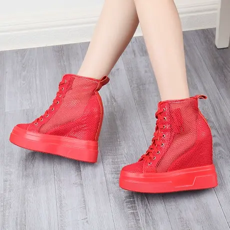 高帕妃内增高12cm红色婚鞋女2023年夏季新款坡跟透气镂空高帮网鞋商品大图