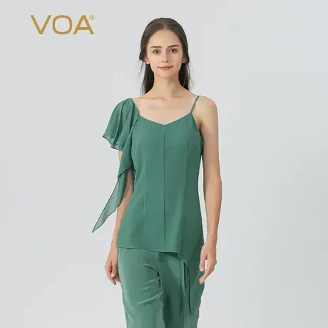 VOA碧绿60姆米重磅长空桑蚕丝不对称拼接乔其丝绸显瘦真丝吊带T恤商品大图