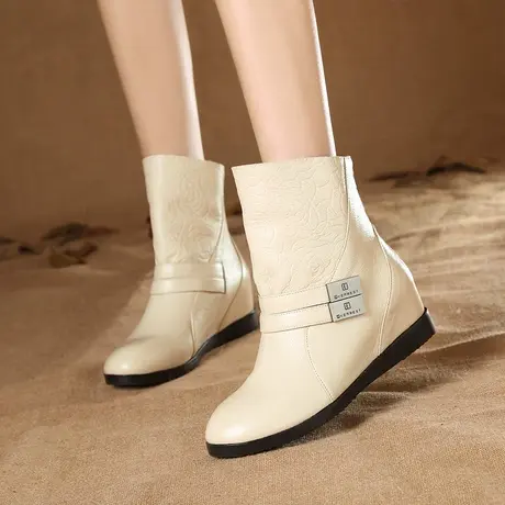 清仓圆头真皮短靴女秋冬季单靴牛皮马丁靴平底内增高休闲靴子图片