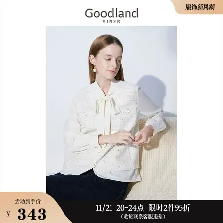 Goodland美地女装冬季小香风粗花呢拼接假两件衬衫飘带领上衣商品大图