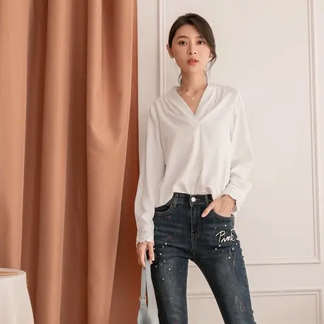 桔熊秋冬季通勤V领蕾丝拼接泡泡袖雪纺衫垂坠感上衣女大码AB16209商品大图