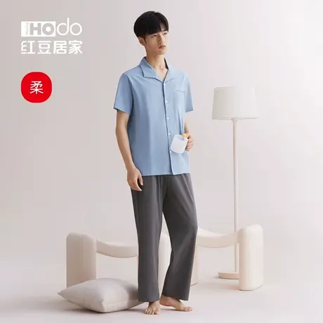 红豆居家男士睡衣夏季短袖长裤宽松休闲大码家居服套装薄款春夏天商品大图