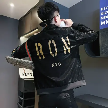 潮牌夹克男2023秋冬新款个性痞帅潮流加绒修身重磅加厚机车服外套图片