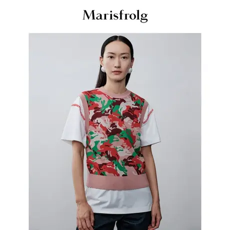 【商场同款】玛丝菲尔冬季新款绵羊毛撞色V领云兔印花无袖针织衫商品大图