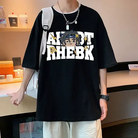 发泡印花短袖T恤男夏季美式复古宽松ins潮牌体恤衫纯棉打底上衣服商品大图