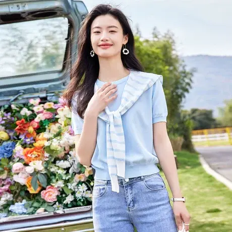 时尚气质短袖针织衫2023年夏季新款温柔显瘦薄款圆领百搭通勤上衣商品大图