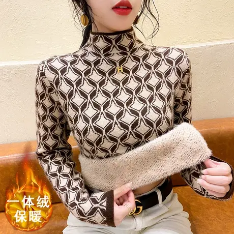 加绒毛衣一体绒打底衫女秋冬加厚保暖内搭半高领修身显瘦针织上衣图片