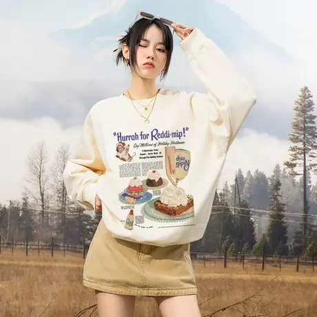 yep圆领美式复古外套卫衣女oversize小众设计感无帽上衣情侣装潮图片