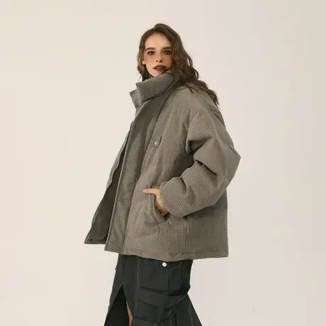 潮牌纯色立领棉服女加厚冬季外套2023新款复古宽松面包服保暖棉衣商品大图
