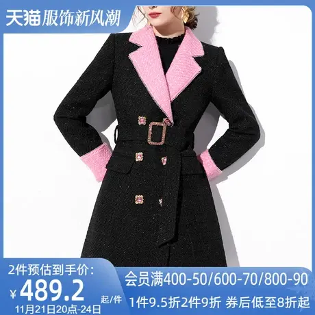 AUI黑色职业粗花呢西装外套女2024秋冬新款小香风中长款修身大衣商品大图