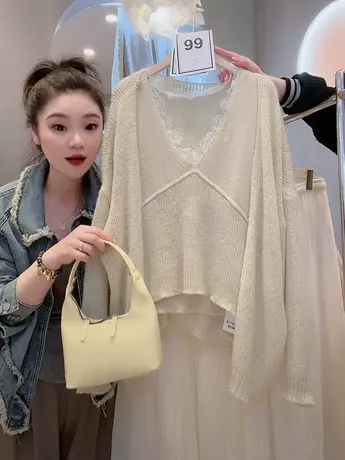 气质简约长袖针织开衫套装韩版宽松蝙蝠袖蕾丝背心两件套显瘦上衣商品大图