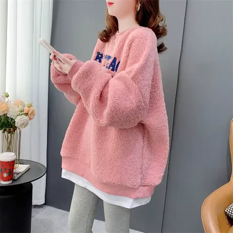 羊羔毛加绒加厚卫衣女秋冬2023年新款宽松韩版假两件百搭上衣外套商品大图