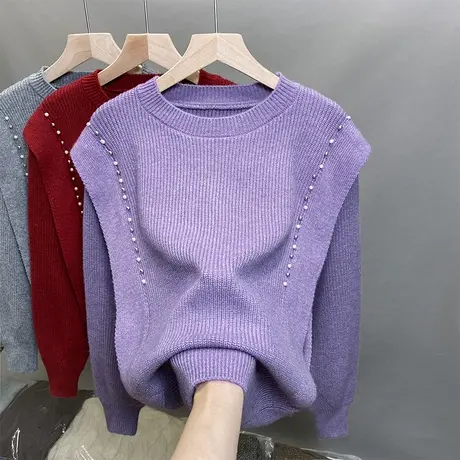 圆领毛衣女假两件2023年秋冬新款钉珠宽松套头毛衣女外穿长袖上衣图片