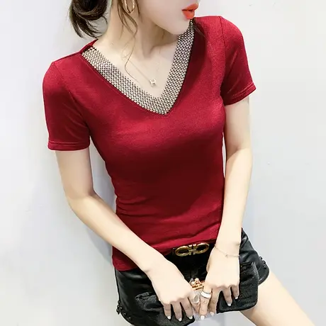 女装2023新款潮时尚烫钻拼接V领T恤女短袖夏季设计感显瘦洋气上衣商品大图