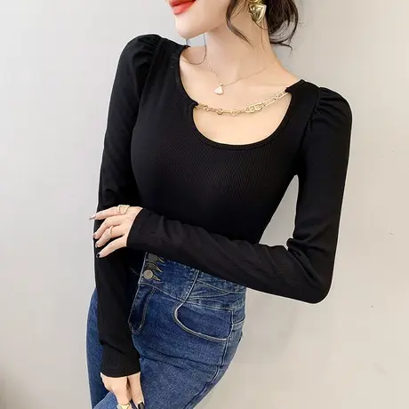 设计感链条T恤女长袖性感镂空辣妹上衣网红超火打底衫修身女装潮图片