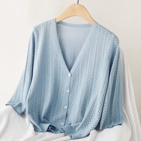 镂空v领冰丝针织开衫女薄款夏季披肩外搭短款配裙子空调衫上衣潮商品大图