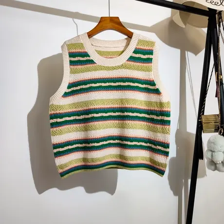 彩虹色条纹针织马甲女春秋新款宽松圆领叠穿无袖毛衣背心坎肩外搭商品大图