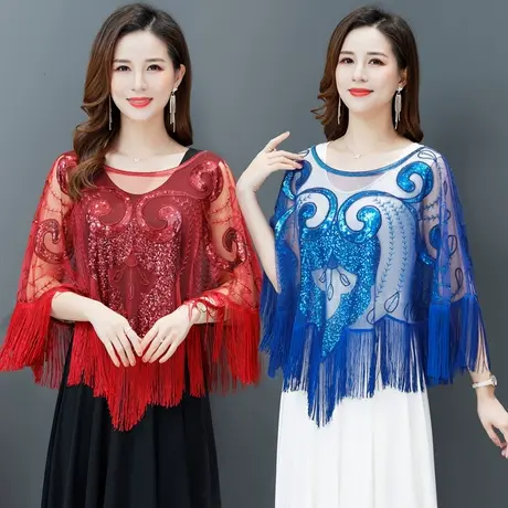 夏季新款配裙子镂空套头罩衫外搭女宽松短款上衣薄款亮片流苏披肩图片