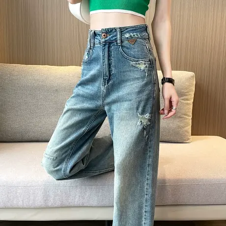复古美式破洞直筒牛仔裤女春秋新款高街设计感乞丐显瘦拖地阔腿裤图片