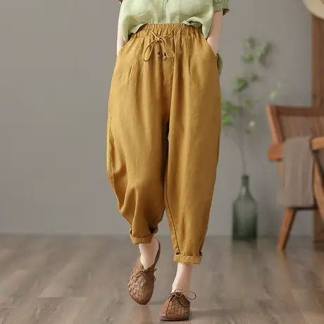 dza 高腰显瘦白色阔腿棉麻裤子女士夏季新款休闲哈伦裤九分亚麻裤商品大图