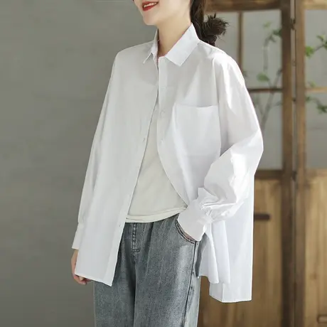2024年春季新款休闲白色衬衫女式中长款白衬衣开叉宽松春秋薄外套商品大图
