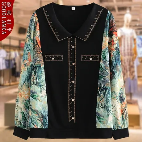 40-50岁中年胖妈妈春装长袖T恤女大码宽松洋气印花拼接打底衫上衣商品大图