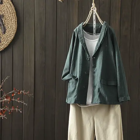 枫谜2020年秋装新款文艺简约棉麻小西装女宽松休闲显瘦亚麻小外套图片