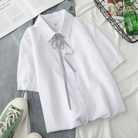 文艺小清新系带JK制服白色短袖衬衫女夏季新款职业工作服休闲上衣图片