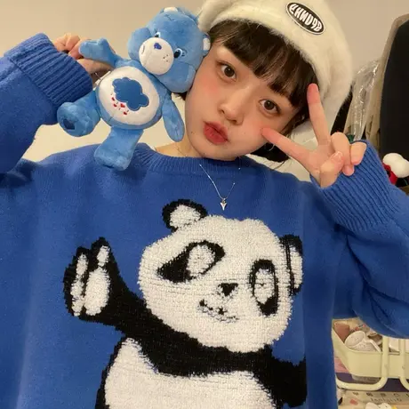 红续原创卡通功夫熊猫加厚圆领毛衣女小个子学院风保暖针织衫秋冬商品大图