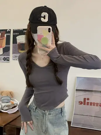 纯欲u领短袖t恤2023新款欧货女装秋冬季内搭打底衫辣妹短款上衣服商品大图