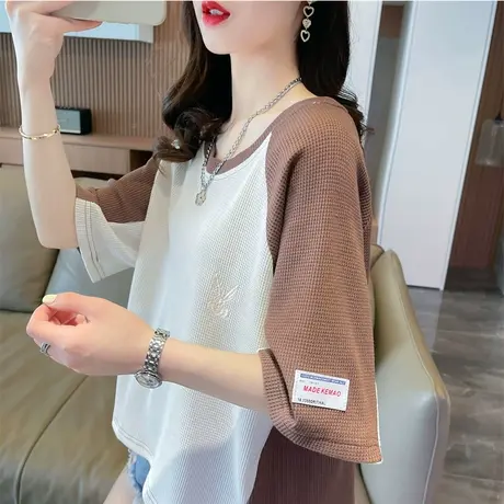 小众设计感短袖t恤女夏季韩版宽松大码撞色小个子华夫格短款上衣图片