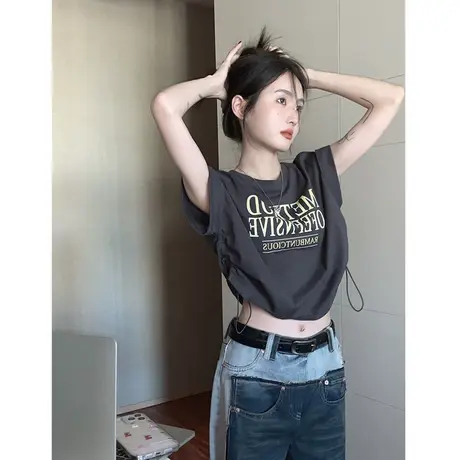 夏季新款复古辣妹上衣女设计感小众短款抽绳短袖t恤美式打底小衫商品大图