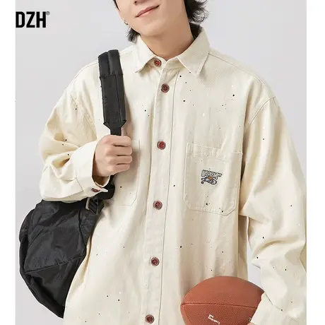 男士长袖衬衫设计感高级工装牛仔外套潮牌男米色上衣休闲衬衣外衣商品大图