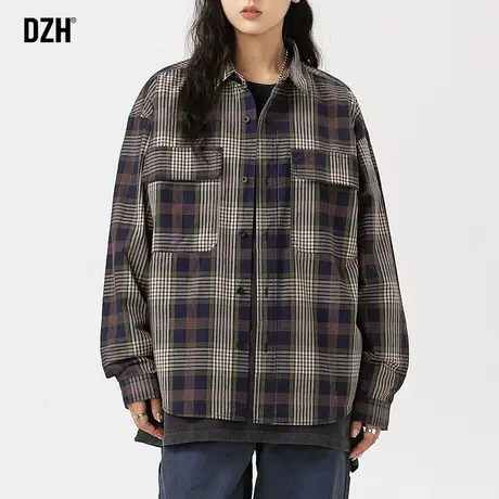 男士格子衬衫男长袖美式复古新款上衣长袖衬衣设计感高级休闲外套商品大图