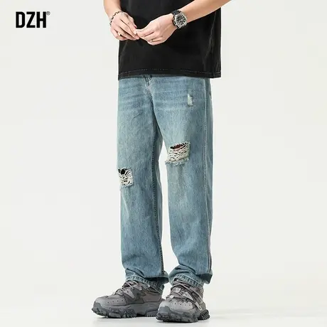 青少年美式破洞牛仔裤男潮牌宽松高街直筒裤2023新款秋季百搭裤子商品大图