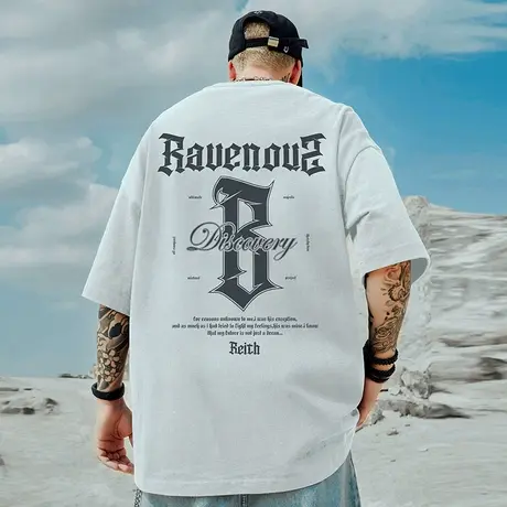 美式重磅短袖男纯棉宽松加肥加大码b字母美式嘻哈夏季白色半袖T恤商品大图