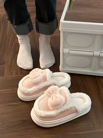 厚底毛毛鞋包头半拖鞋女外穿秋冬加绒加厚室内家居蝴蝶结面包棉拖商品大图