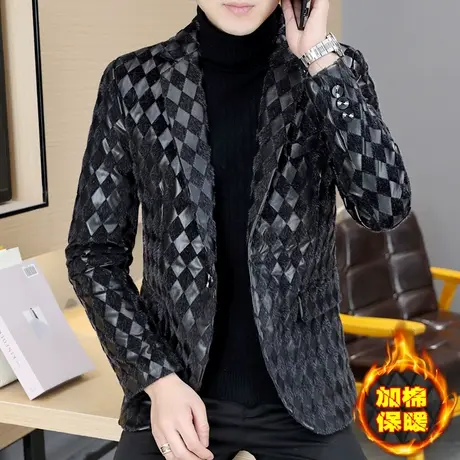 夜场个性仿皮草加绒加厚西装外套男士潮牌痞帅保暖皮毛一体小西服图片