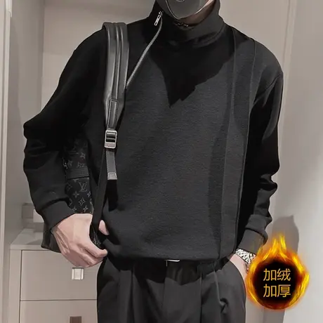 半高领卫衣t恤男秋冬款个性拉链小众设计感痞帅潮男加绒打底上衣商品大图